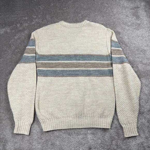 Vintage Striped V-Neck Sweater Size M Beige, Brown Blue Waffle Grandpa Academia - Picture 3 of 4